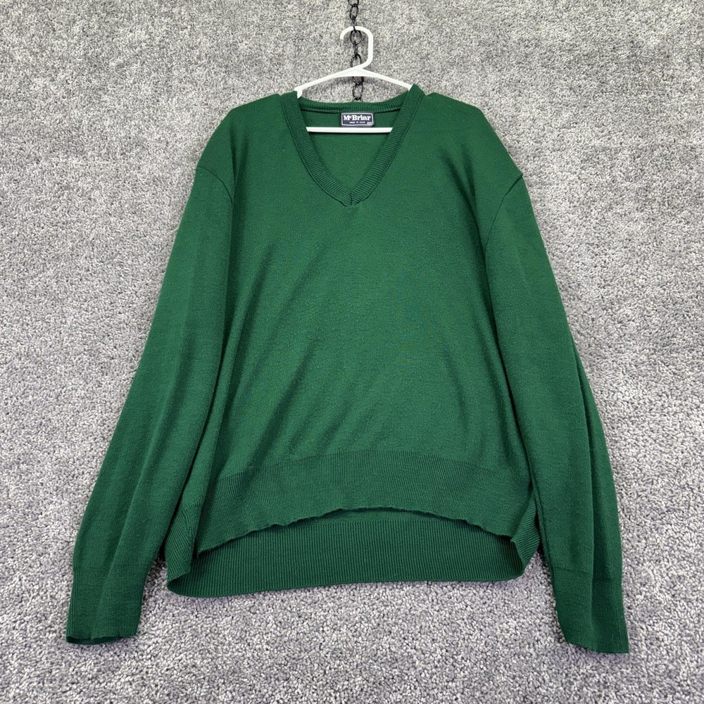 Vtg McBriar Sweater Mens 2XL Green Acrylic V Neck Knit Pullover Made USA Casual